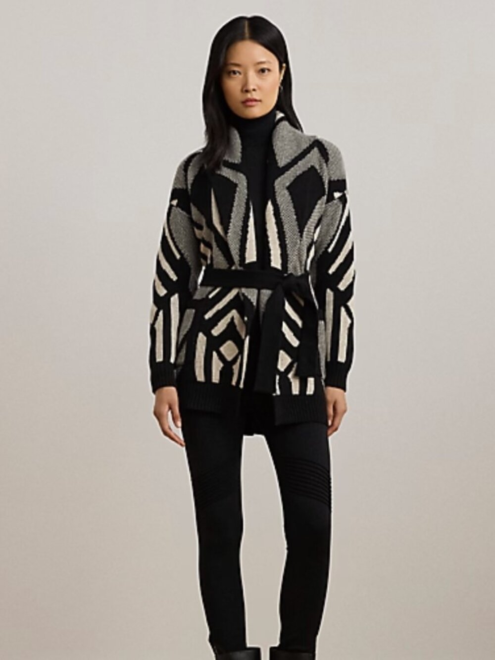 NWT Lauren Ralph Lauren Geo-Motif Belted Wool-Blend Cardigan, Size M
